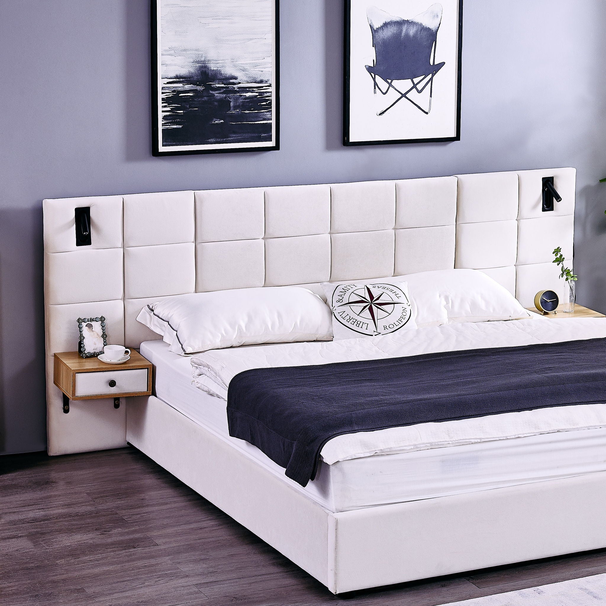 Upholstered Hydraulic Platform Bed With Storage Shelves, Reading Lamps, USB Port