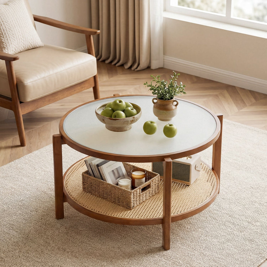2-Tier Rattan Coffee Table with Frosted Glass Top