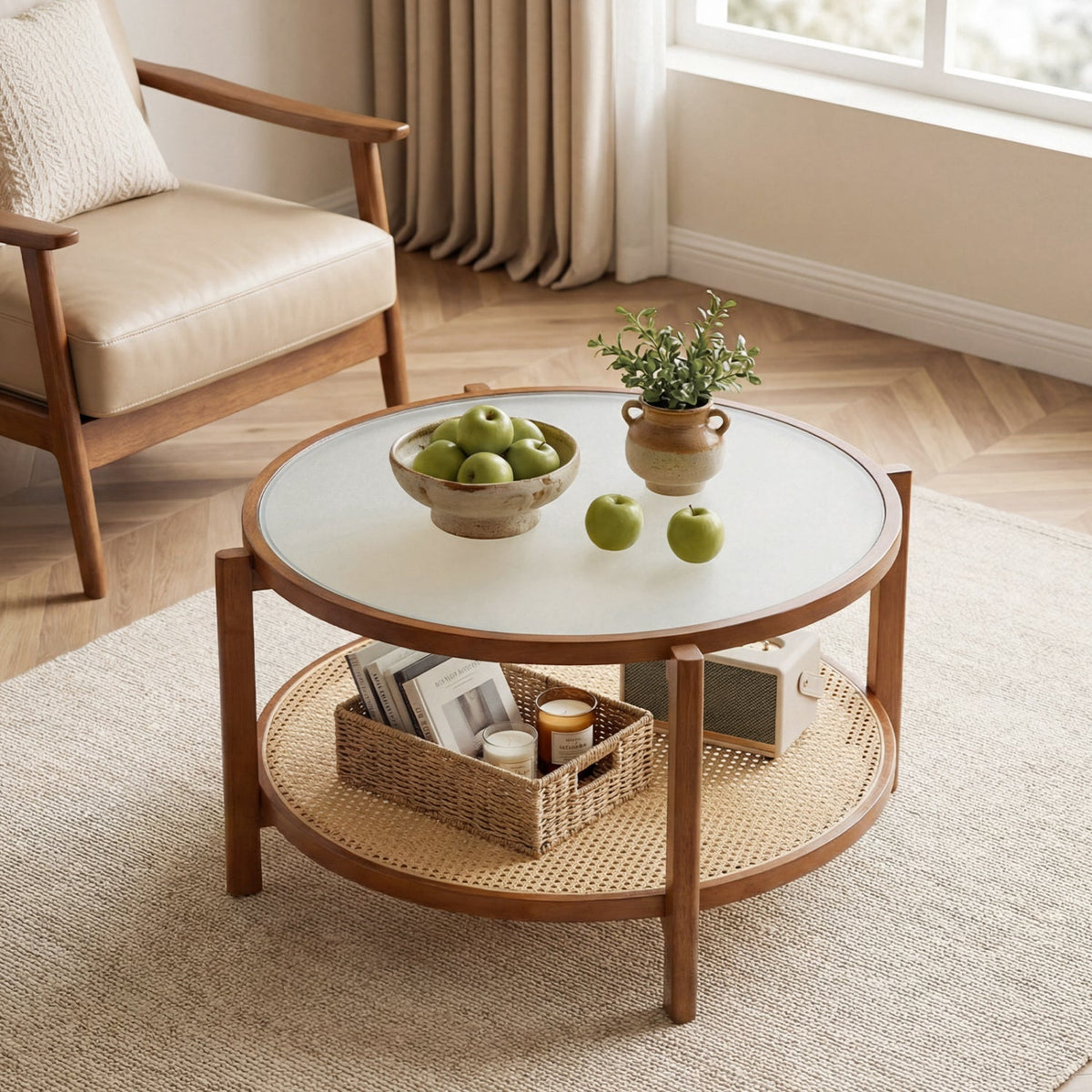 2-Tier Rattan Coffee Table with Frosted Glass Top