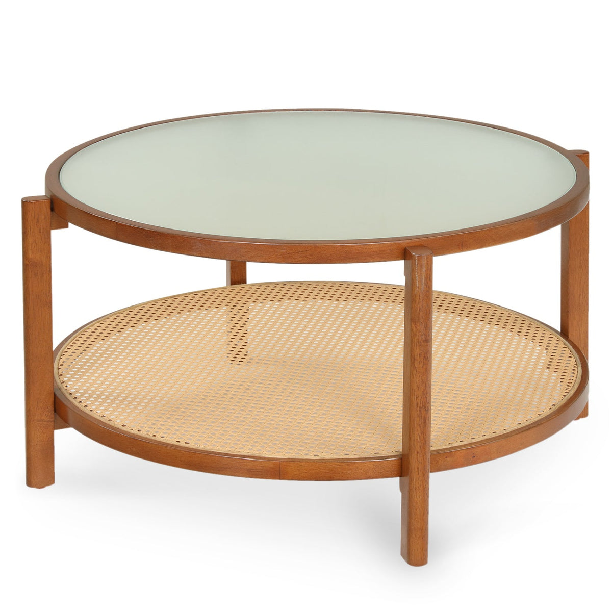 2-Tier Rattan Coffee Table with Frosted Glass Top