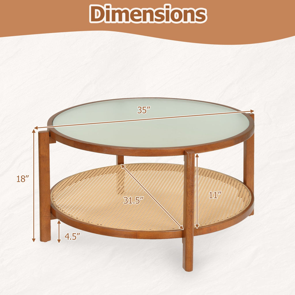 2-Tier Rattan Coffee Table with Frosted Glass Top