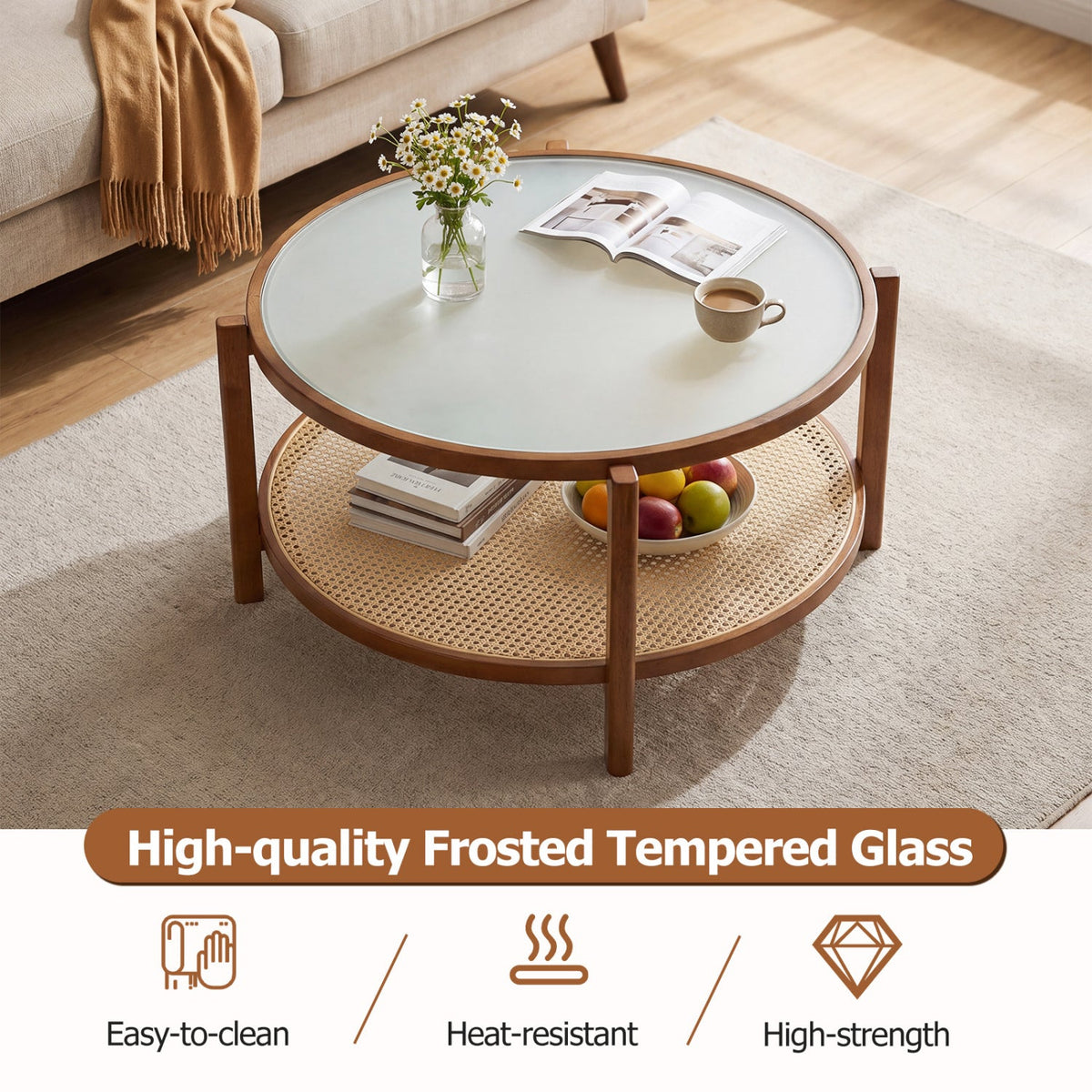 2-Tier Rattan Coffee Table with Frosted Glass Top