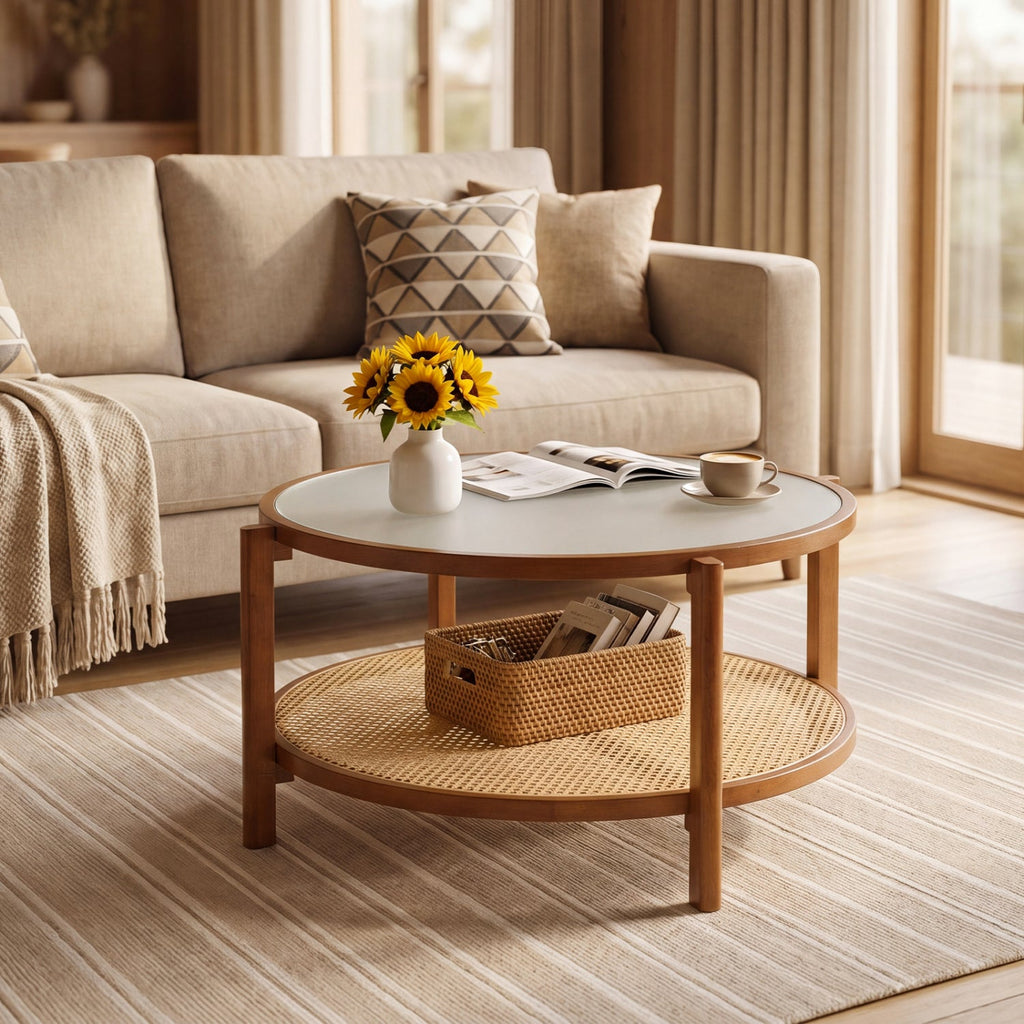 2-Tier Rattan Coffee Table with Frosted Glass Top