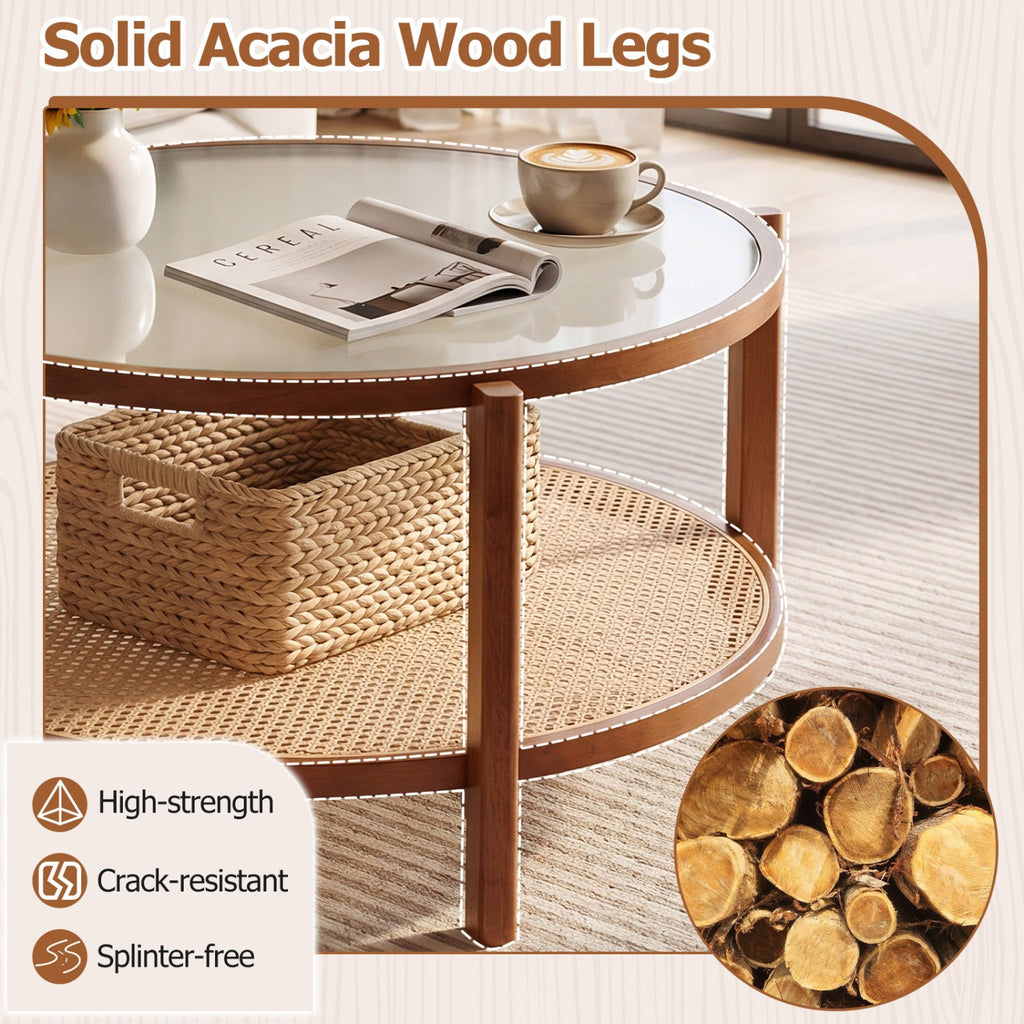 2-Tier Rattan Coffee Table with Frosted Glass Top