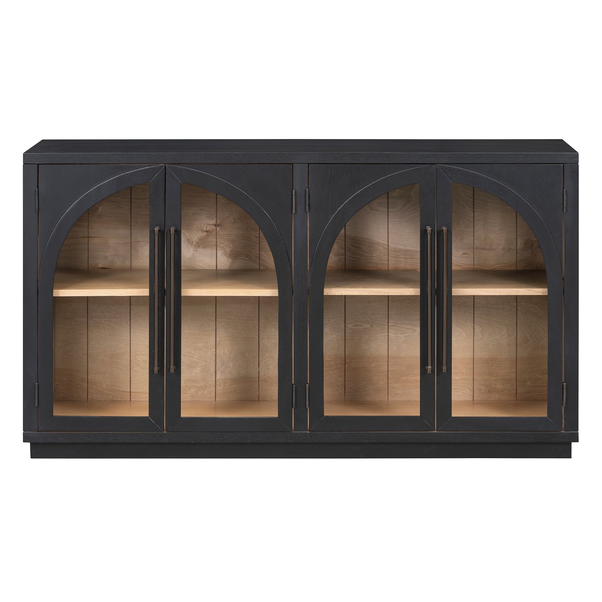4-Door Large Storage Sideboard Buffet Cabinet with Glass Doors Arched Cabinet (Black)