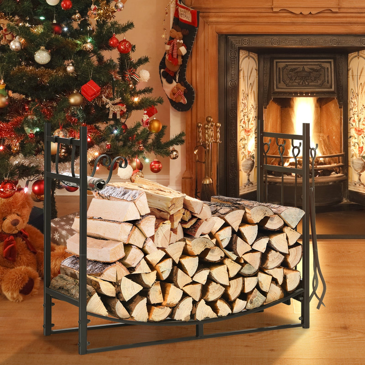 36 Inch Fireplace Log Holder with Tools and Kindling Holders