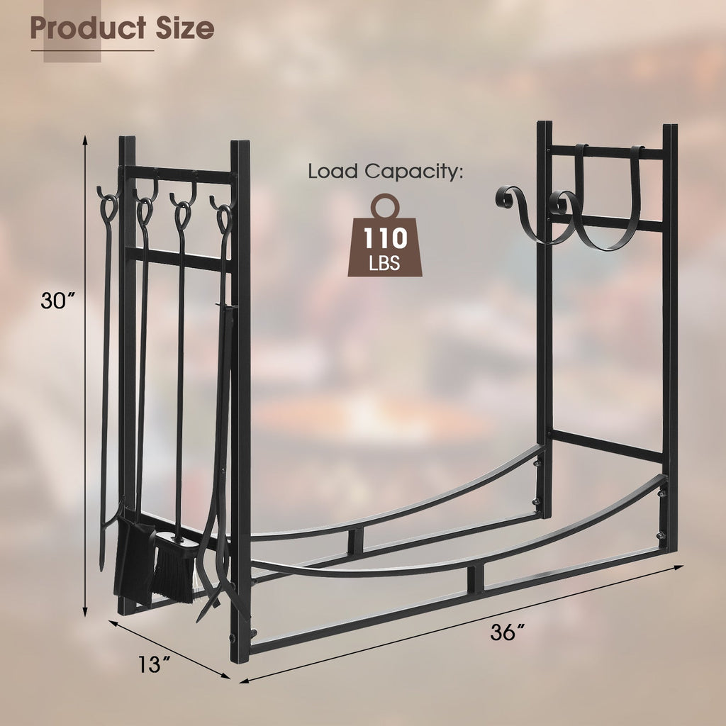 36 Inch Fireplace Log Holder with Tools and Kindling Holders