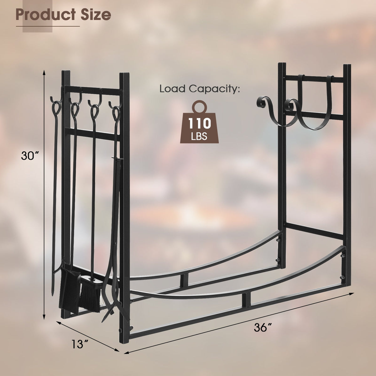 36 Inch Fireplace Log Holder with Tools and Kindling Holders