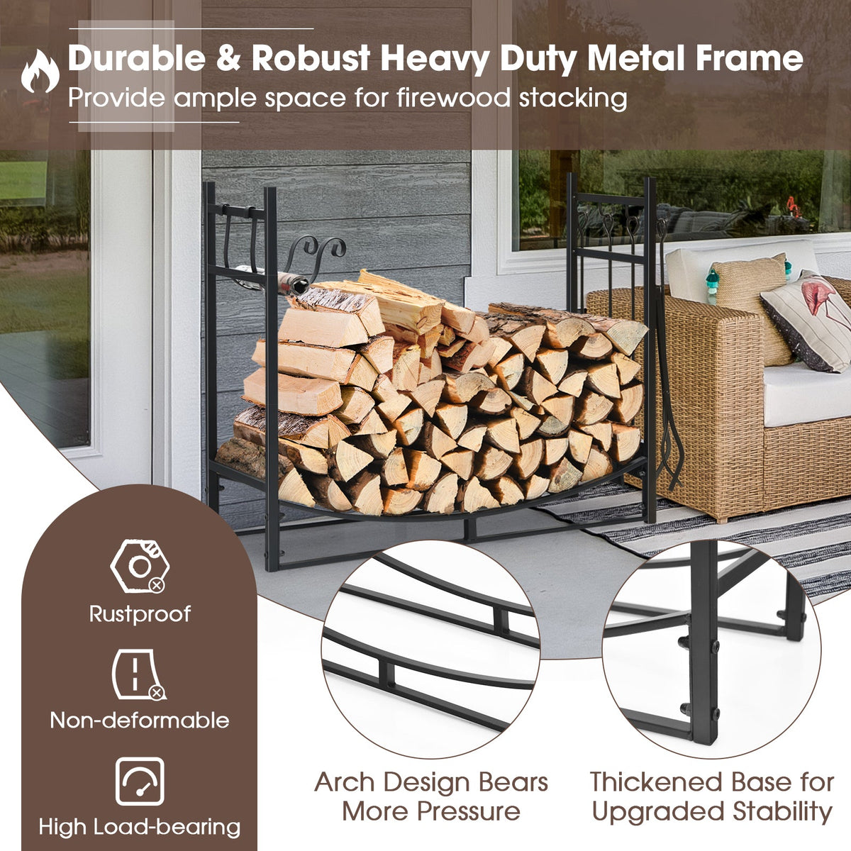 36 Inch Fireplace Log Holder with Tools and Kindling Holders