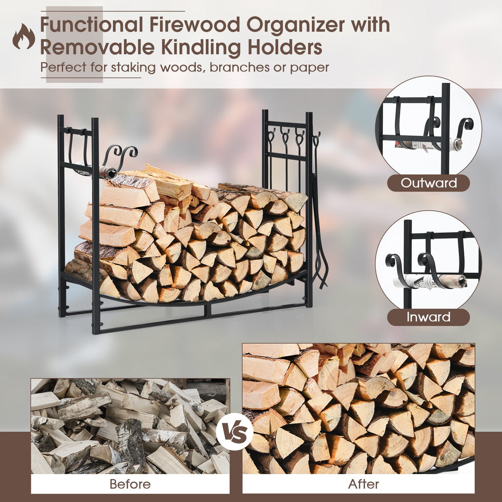 36 Inch Fireplace Log Holder with Tools and Kindling Holders