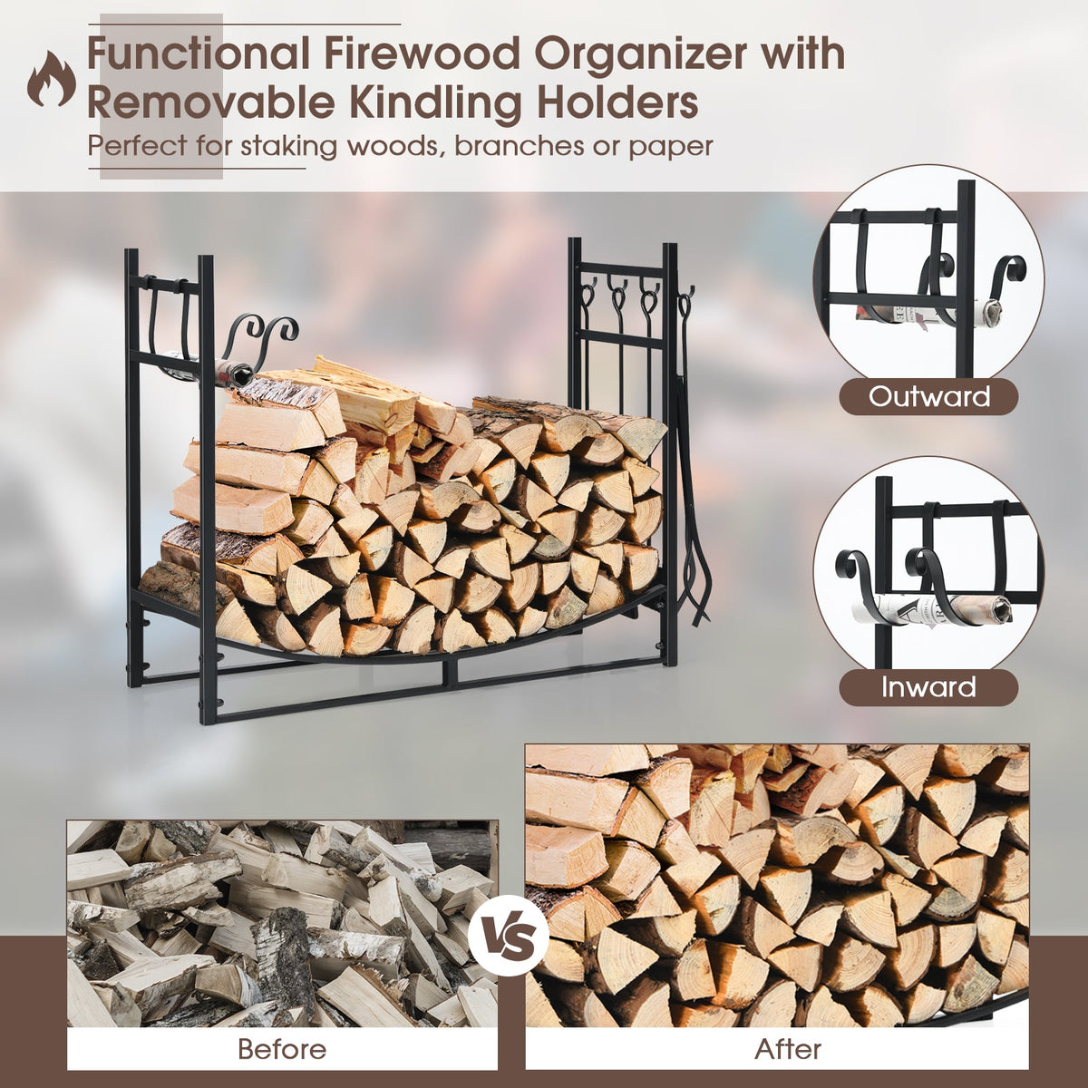 36 Inch Fireplace Log Holder with Tools and Kindling Holders