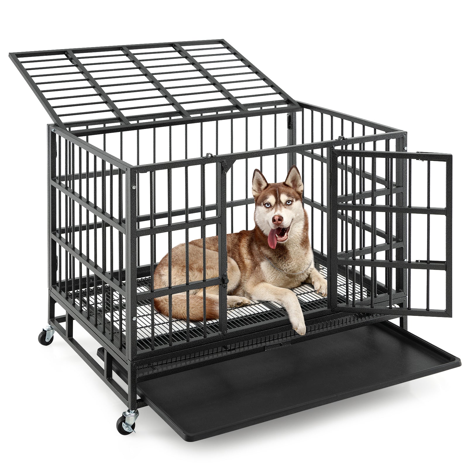 48 Inch Foldable Heavy-Duty Metal Dog Cage with Lockable Rolling Casters and Tray