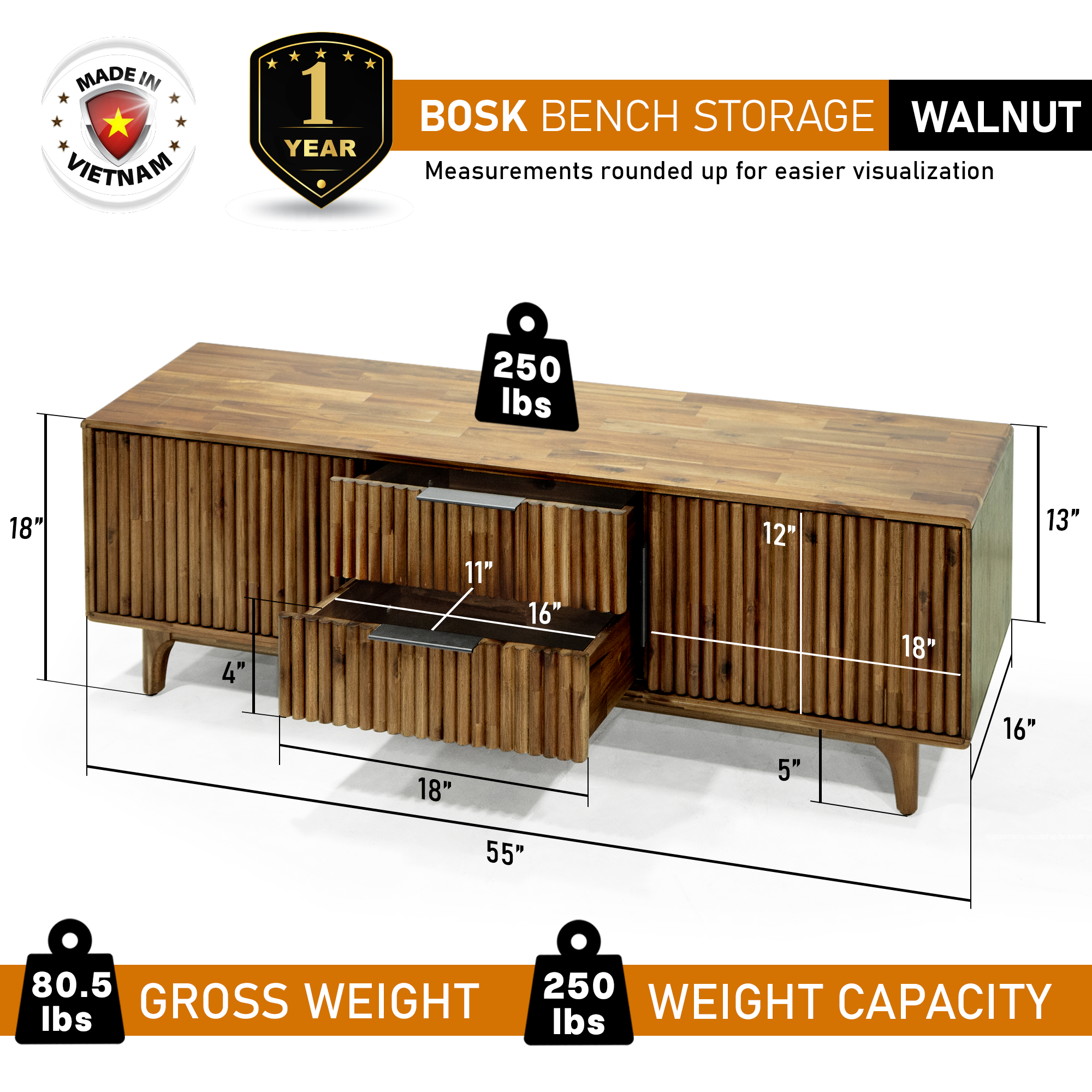 Bosk Solid Wood Storage Bench
