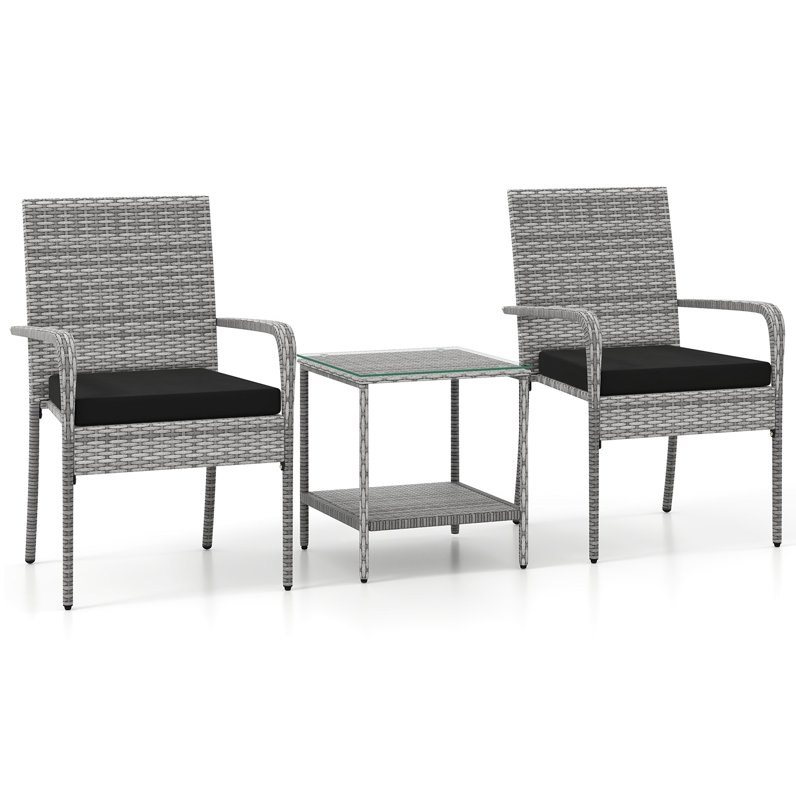 3 Piece Patio Furniture Set with Seat Cushions and Tempered Glass Tabletop for Balcony