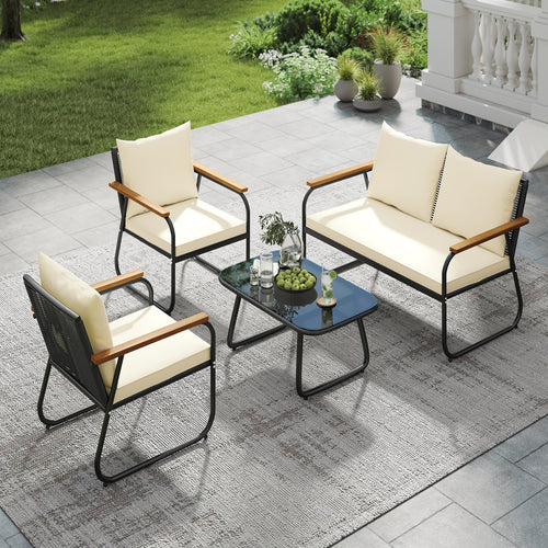 4 Pieces Patio Furniture Set with Tempered Glass Coffee Table