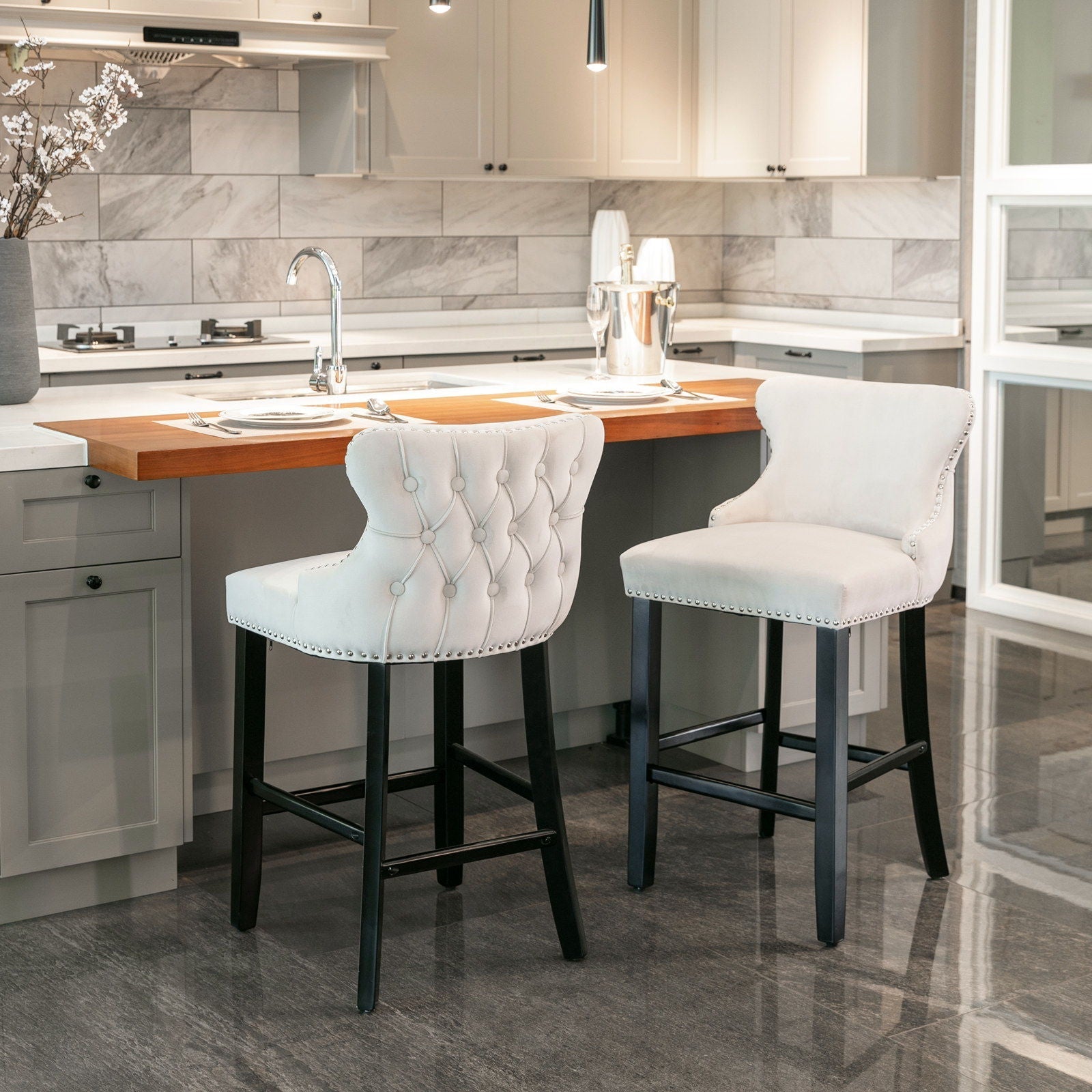 Contemporary Upholstered Wing-Back Barstools With Button Tufted Decoration And Wooden Legs, And Nailhead Trim, Leisure Style Bar Chairs, Bar Stools (Set of 2)
