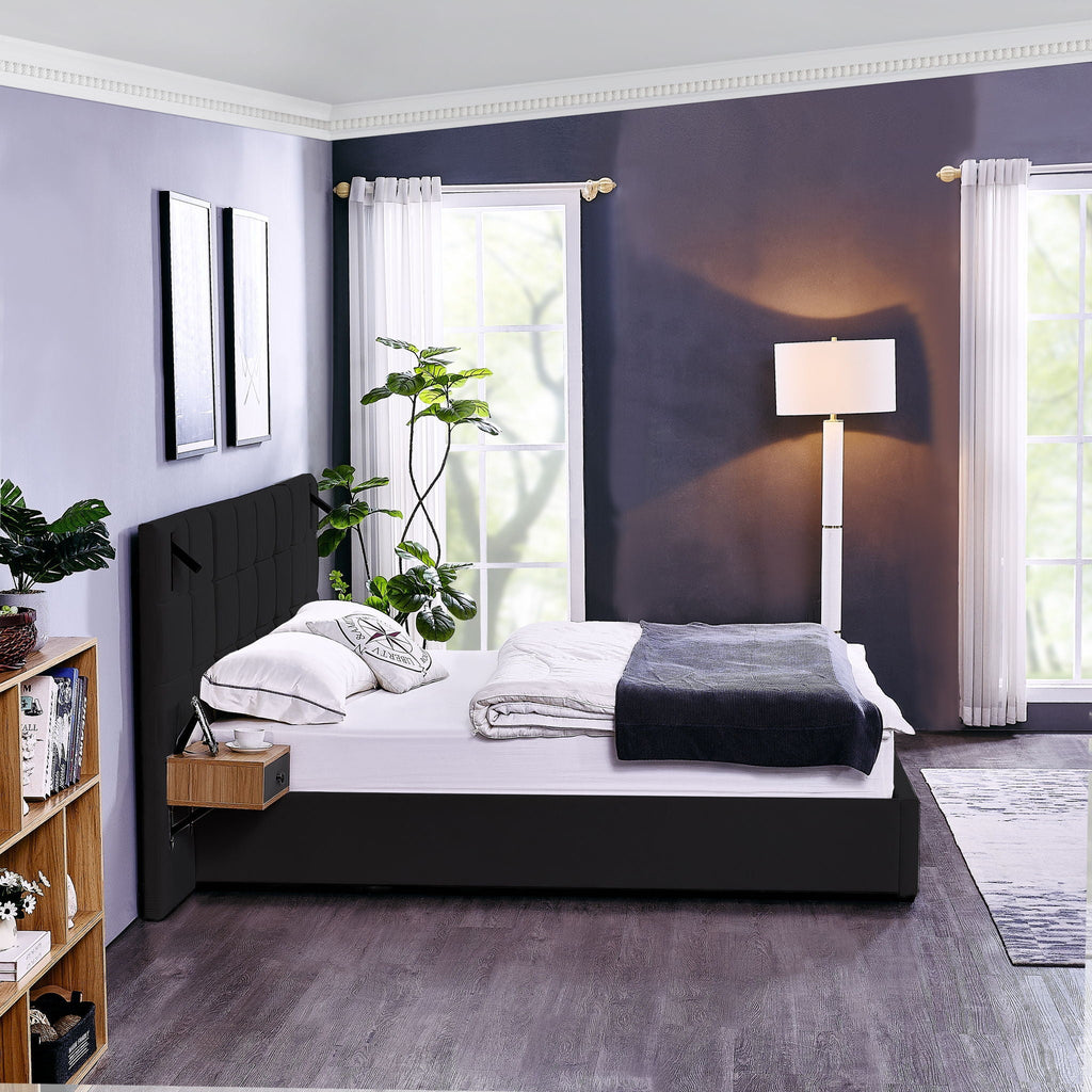 Upholstered Hydraulic Platform Bed With Storage Shelves, Reading Lamps, USB Port