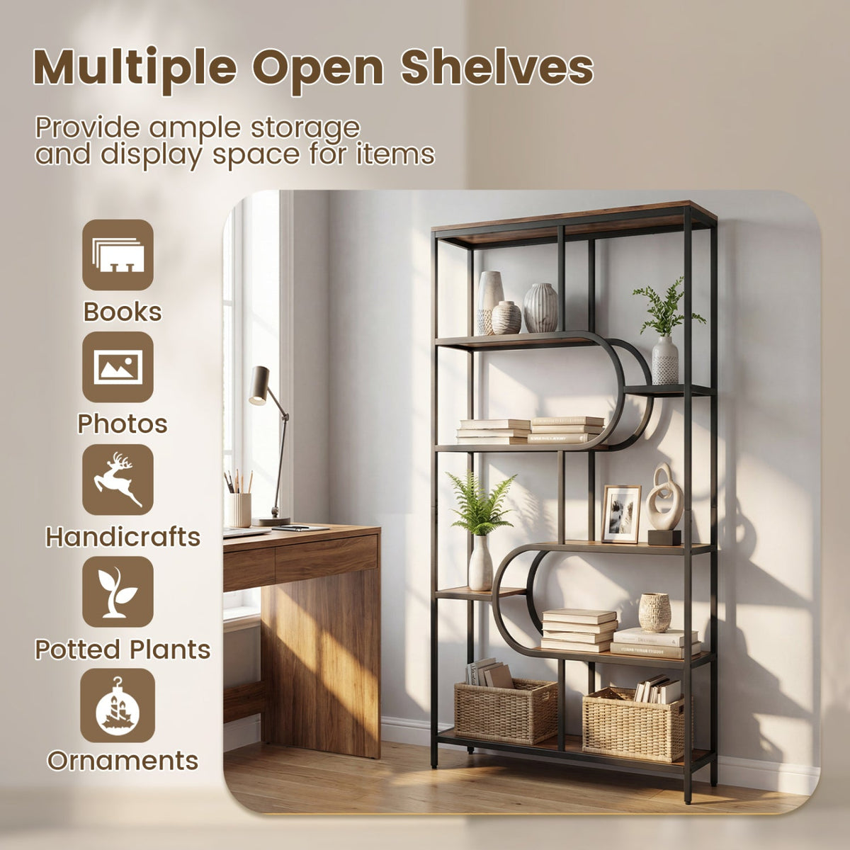 5-Tier Bookshelf Tall Etagere Bookcase with Open Storage Shelves and U Shape