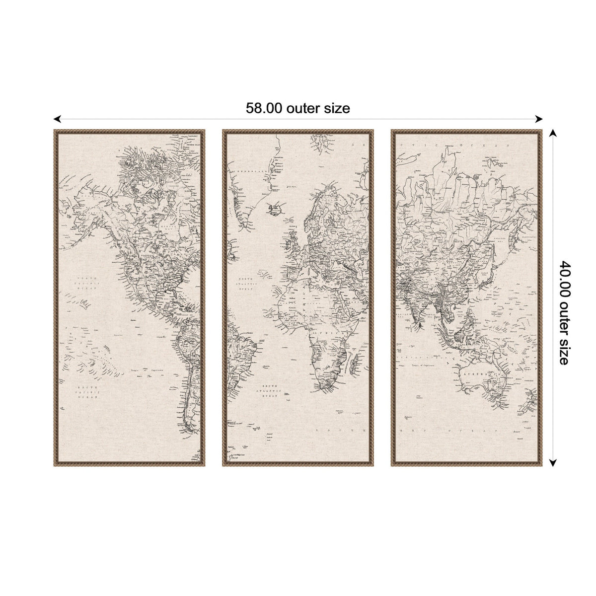 Vintage Black and White World Map Linen 3 Piece Framed Canvas Wall Art Set by The Creative Bunch Studio