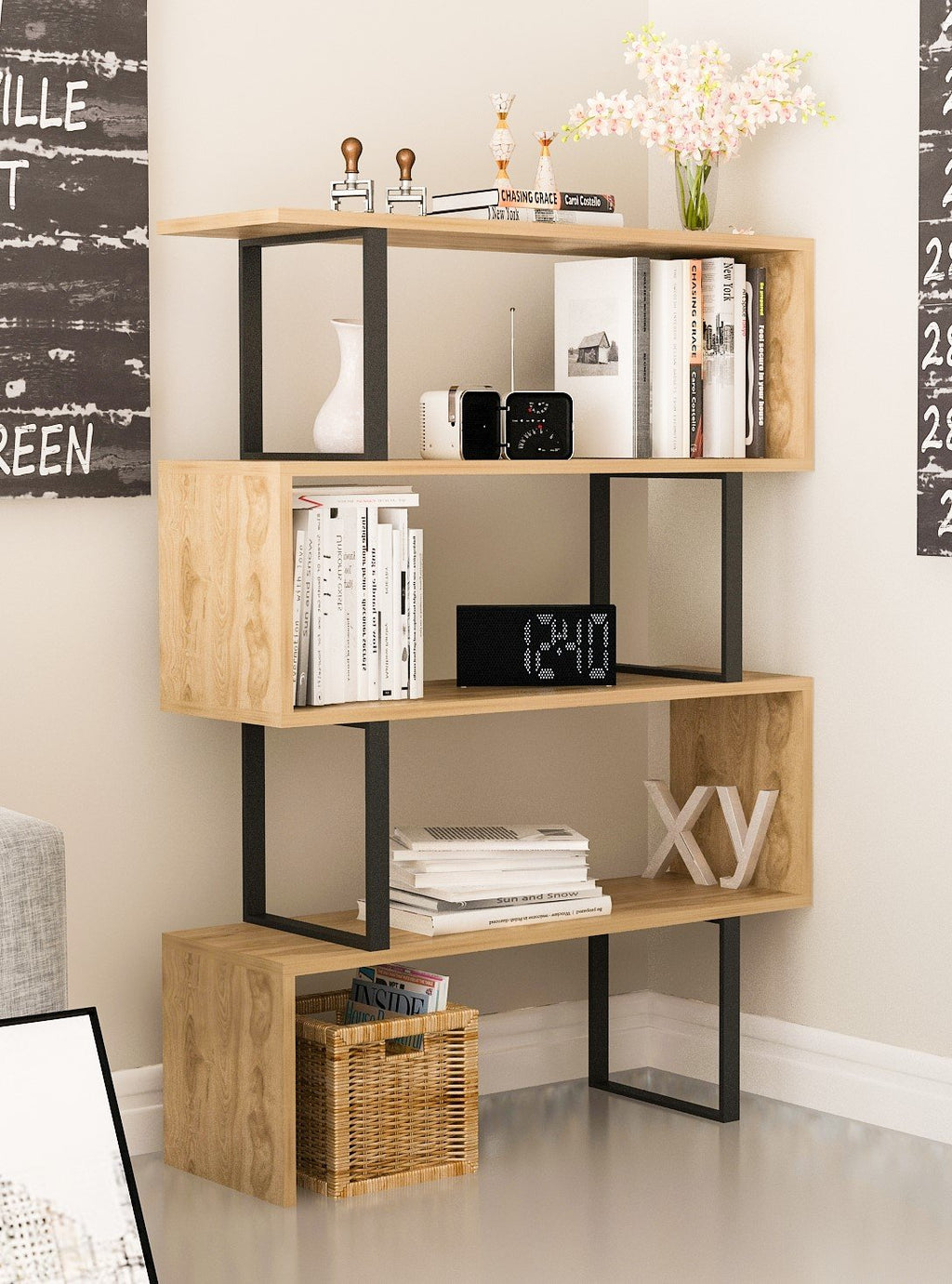 Adriana 49" Tall Metal Manufactured Wood Geometric Bookcase