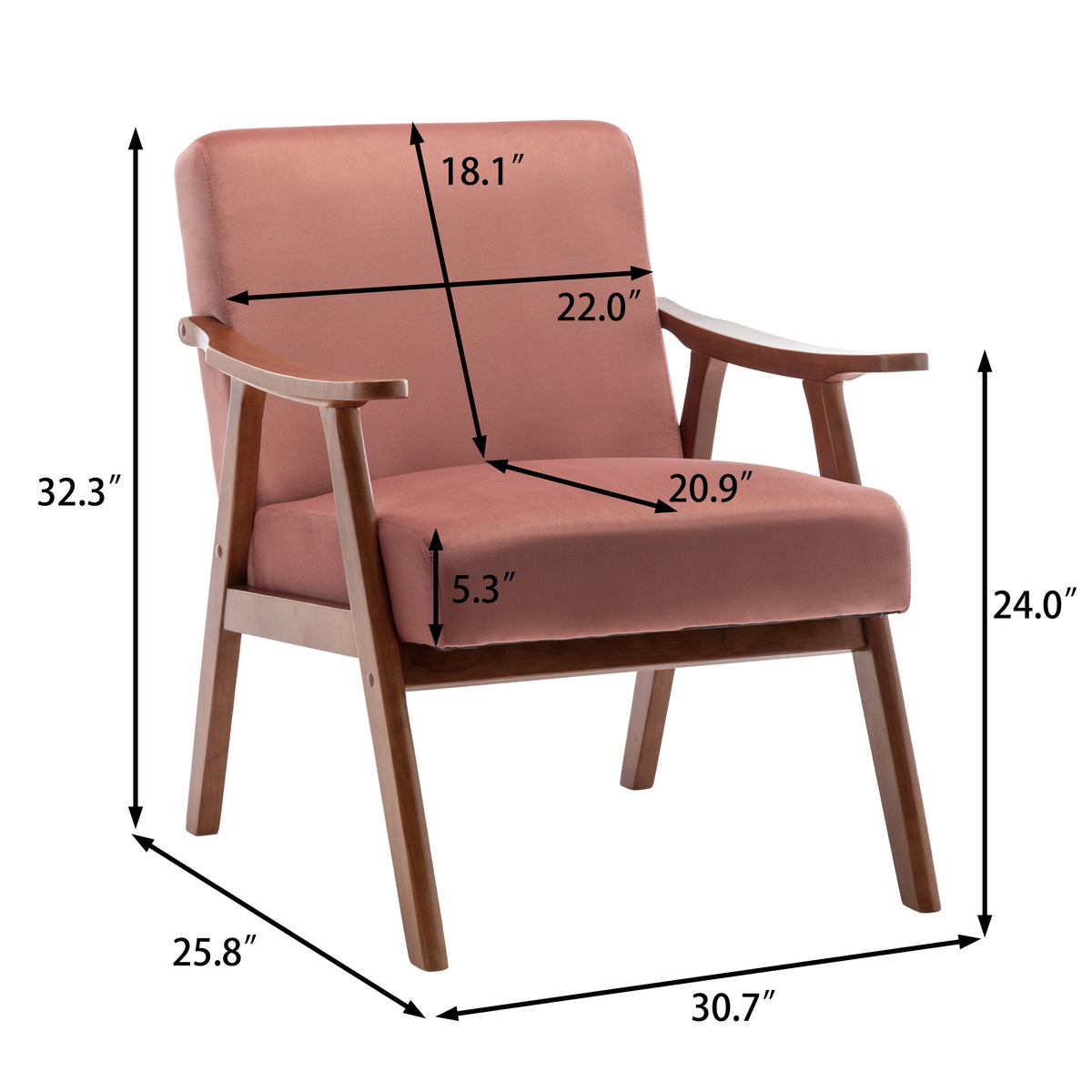 Mid-Century Modern Chair, Living Room Chair with Solid Wood Frame, Accent Chair Extra-Thick Backrest, Wingback Chair for Bedroom