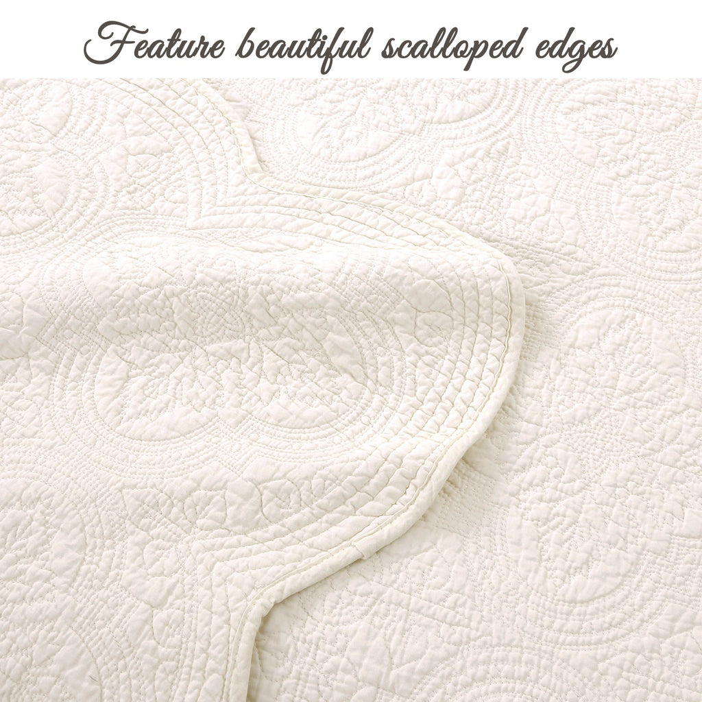 Serenity Ivory Victorian Scalloped Medallion Floral Pure Solid Cotton Reversible Quilt  Bedding Set