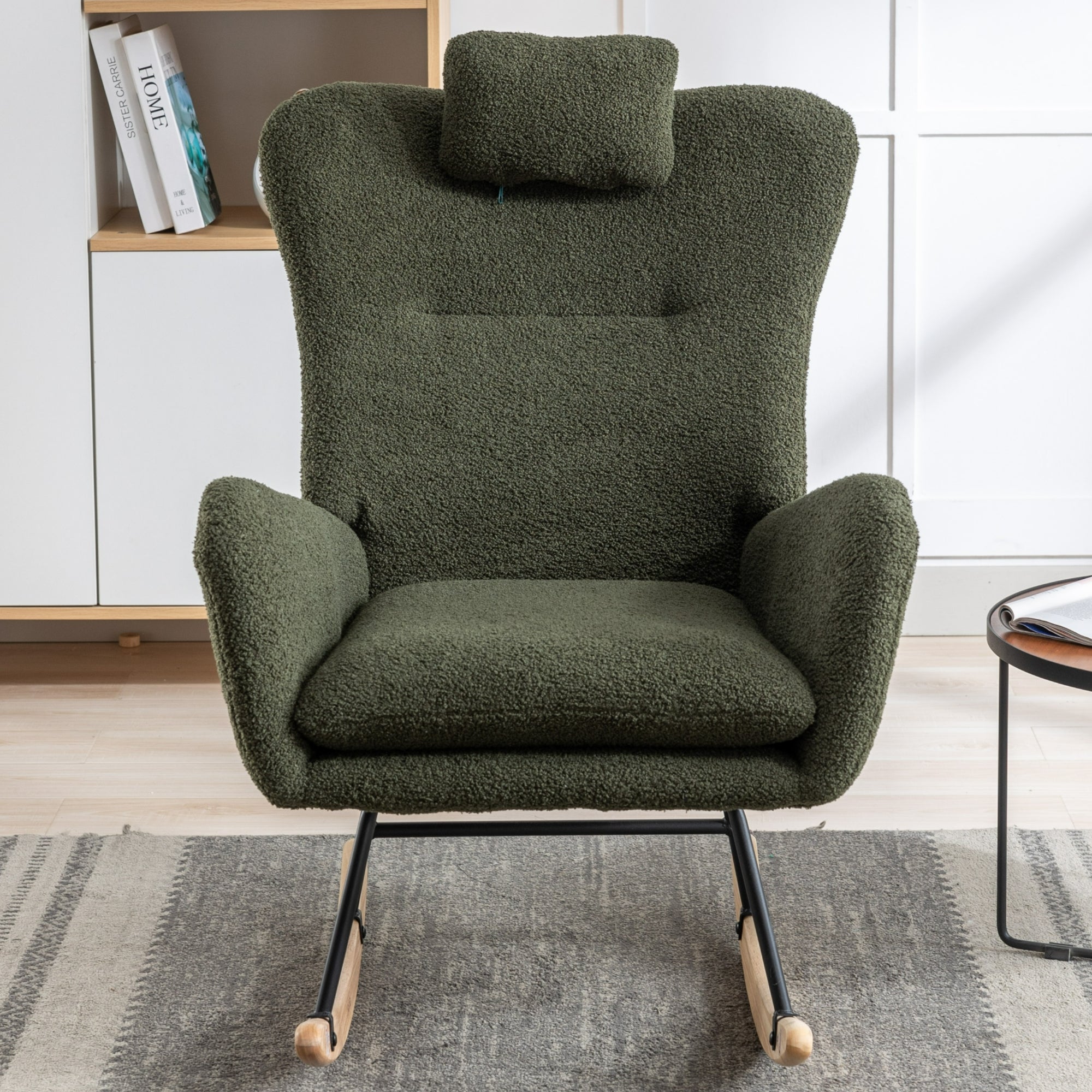 35.5-inch soft Teddy fabric rocking chair with pockets, comfortable wing straps, secure solid wood base (dark green)