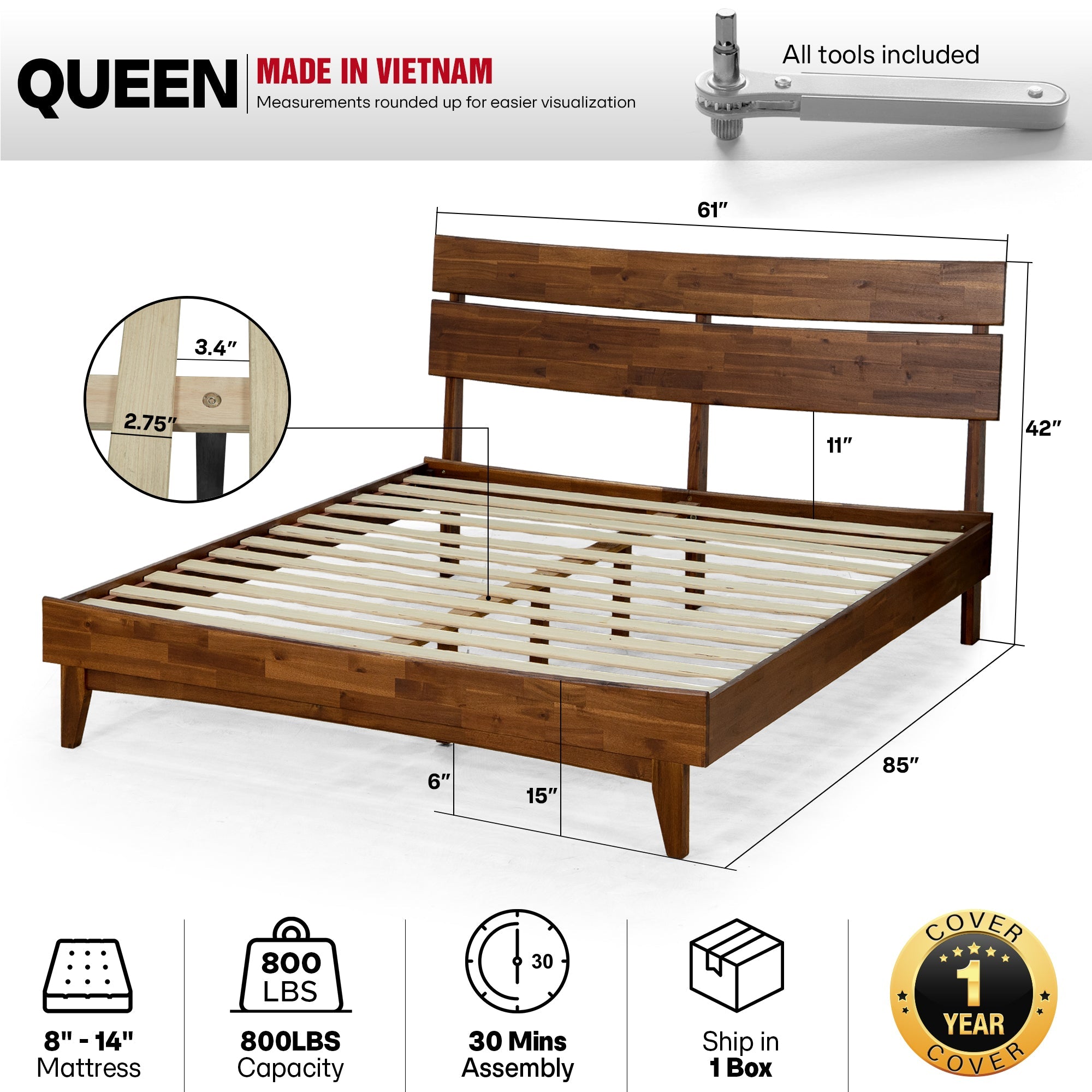 Aurora Solid Wood Bed Frame