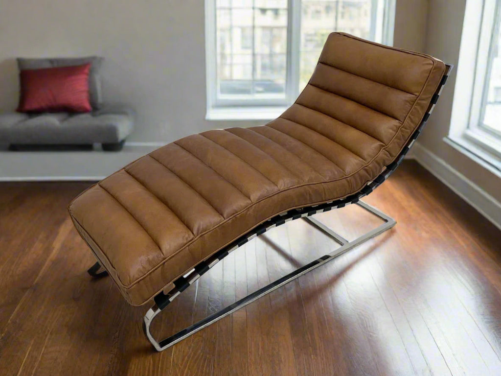 Plano Modern Channeled Leather Chaise Lounge - Light Brown Leather