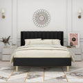 Queen size Mid-Century Black Linen Platform Bed Frame with Upholstered Headboard