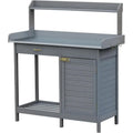 Outdoor Potting Bench Table, Garden Work Station with Storage Cabinet, Open Shelf and Steel Tabletop, Gray