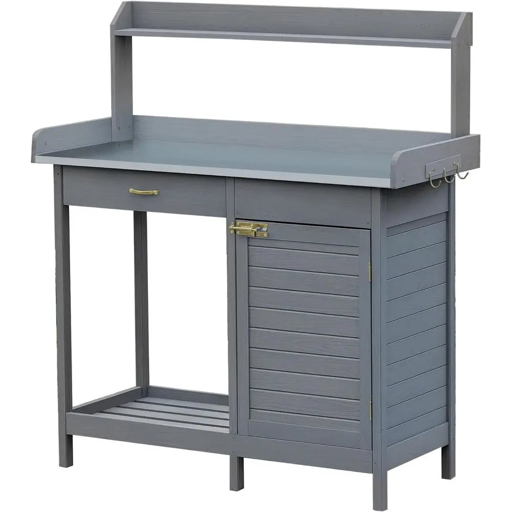 Outdoor Potting Bench Table, Garden Work Station with Storage Cabinet, Open Shelf and Steel Tabletop, Gray