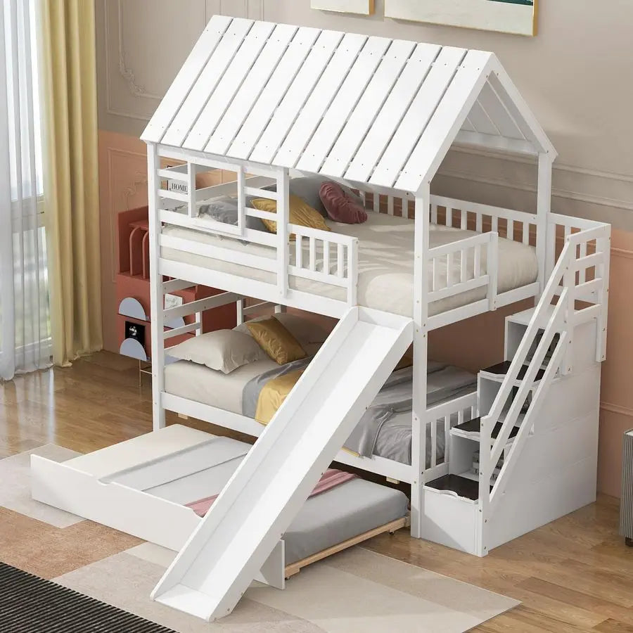 Harper Bright Designs Kids Bunk Beds with extra trundle,  slide and stairs. Tree house like.