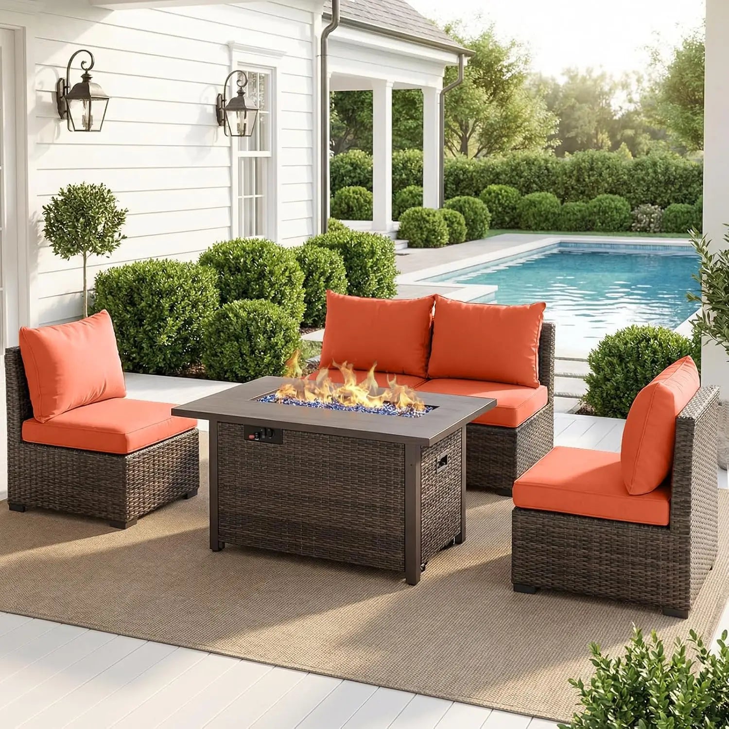 Patio Furniture Set with Fire Pit Table, Outdoor Sectional Rattan Sofa Set