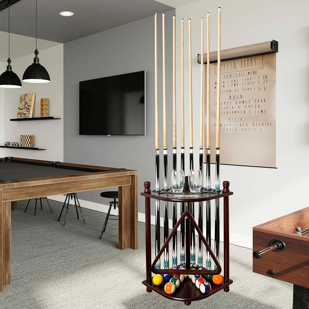 Floor Standing Pool Cue Rack 8 Sticks with Ball Hook & Scorer, Solid Wood Corner Holder