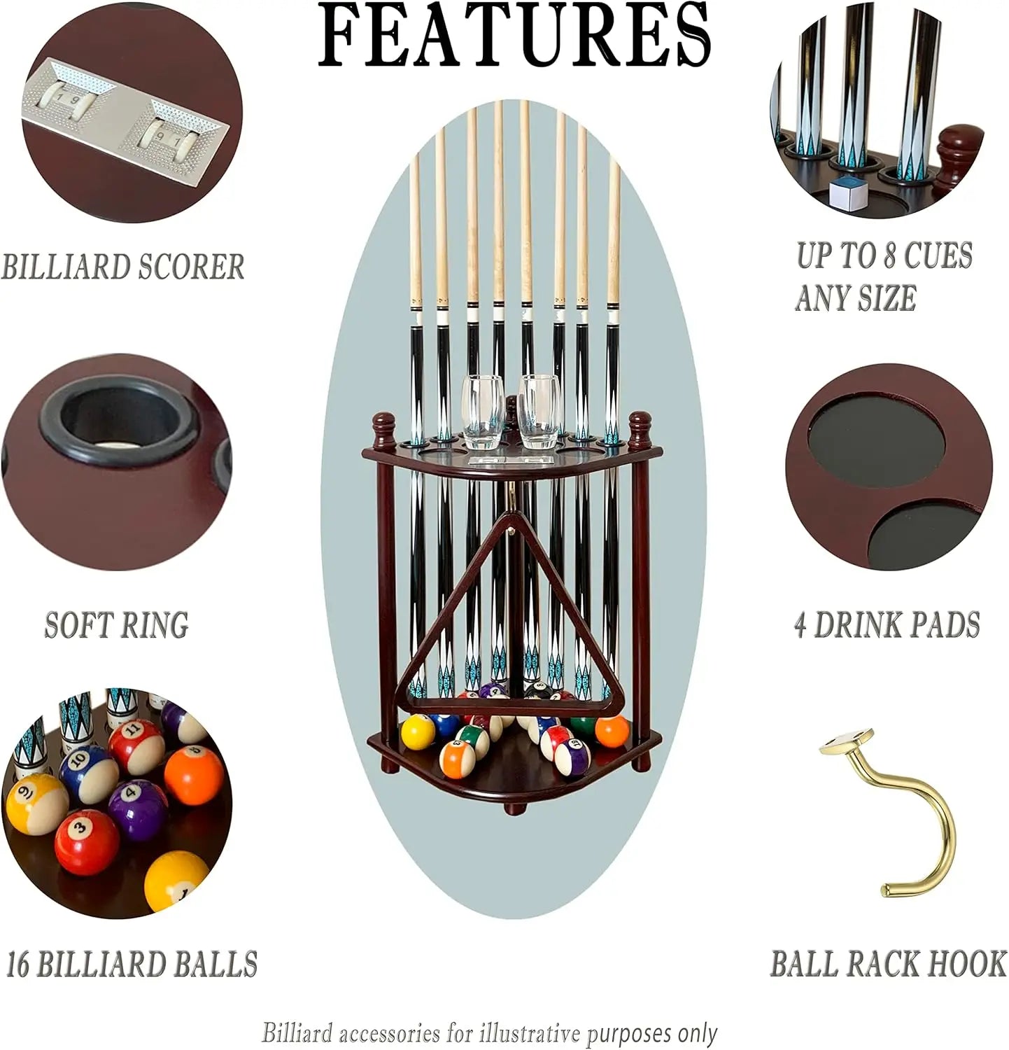 Floor Standing Pool Cue Rack 8 Sticks with Ball Hook & Scorer, Solid Wood Corner Holder