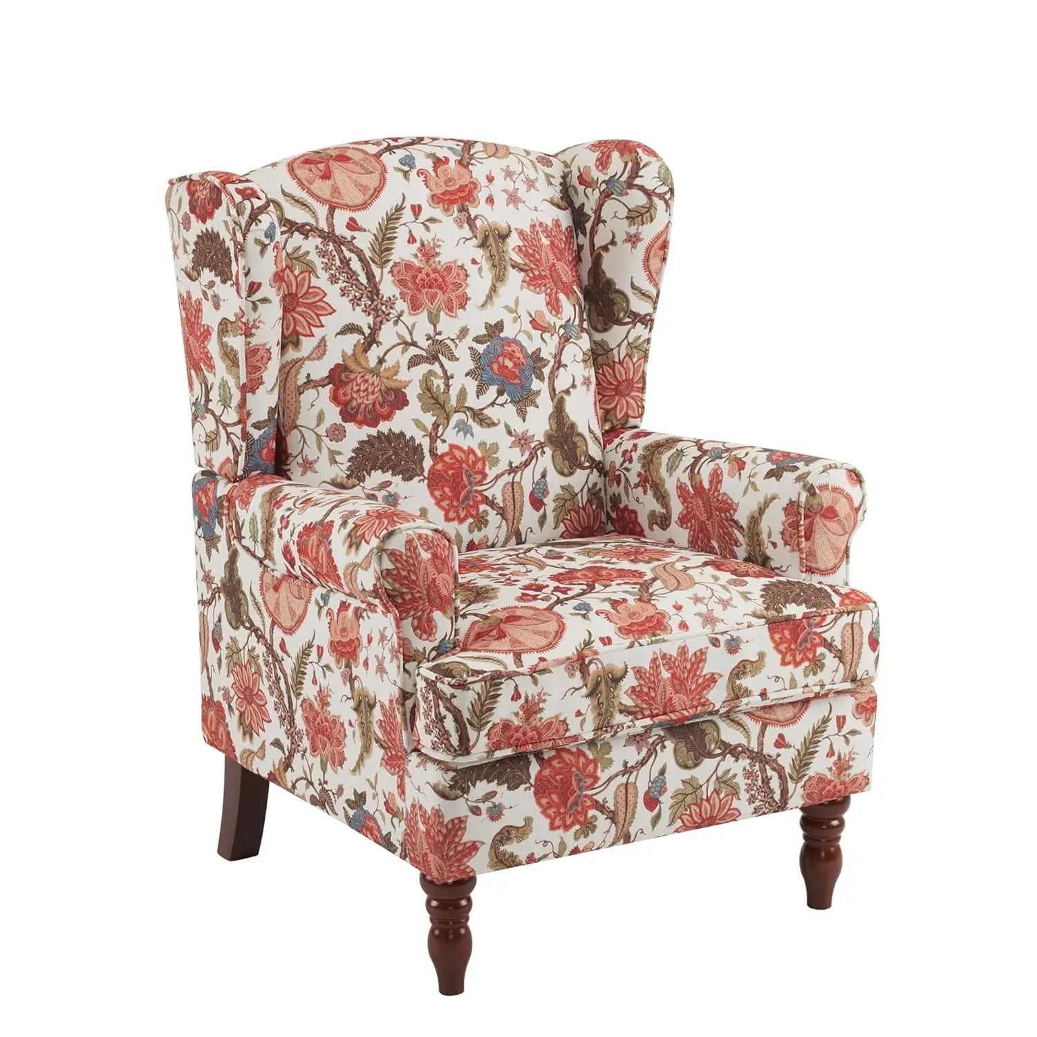 High Back Upholstered Floral Accent Chair with Solid Legs