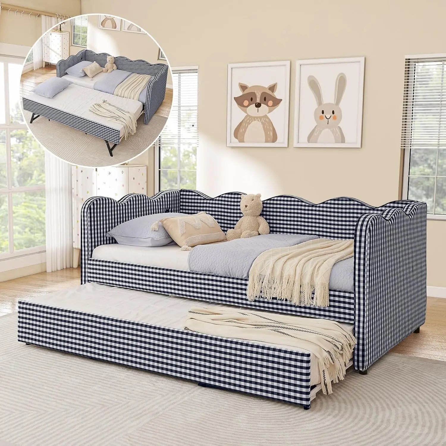 Twin Daybed Pop Up Trundle Linen Upholstered Convertible Sofa