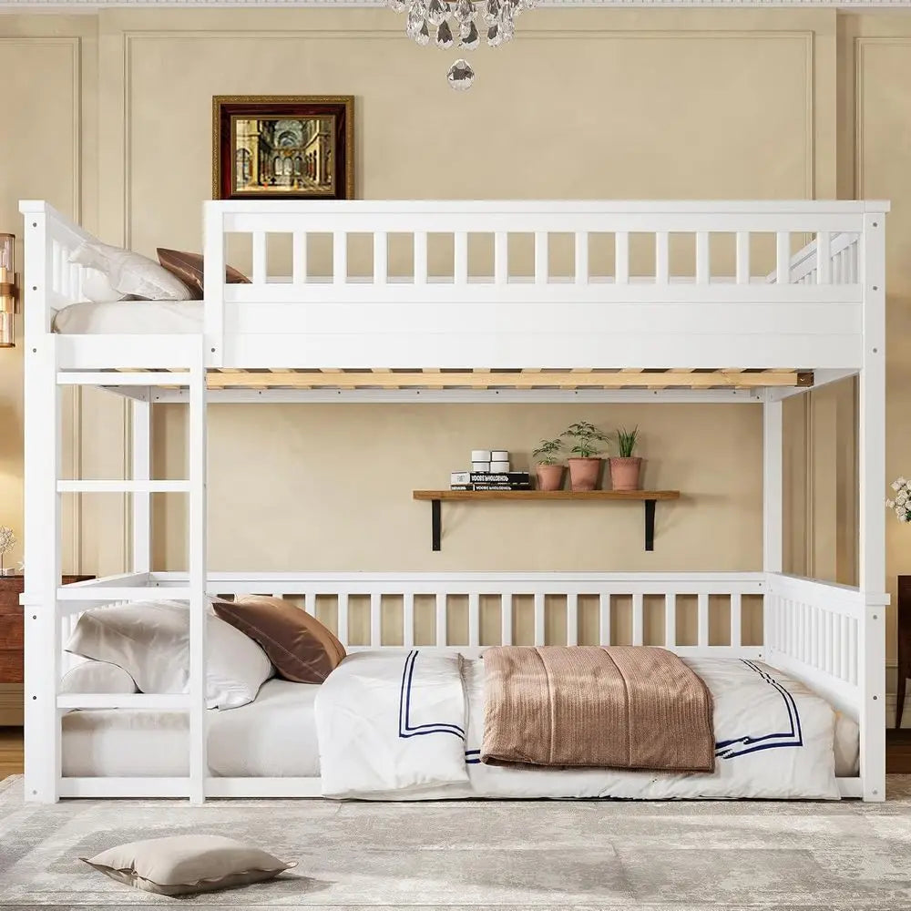 Queen Over Queen Wooden Bunk Bed with Ladder, Guardrail, Detachable
