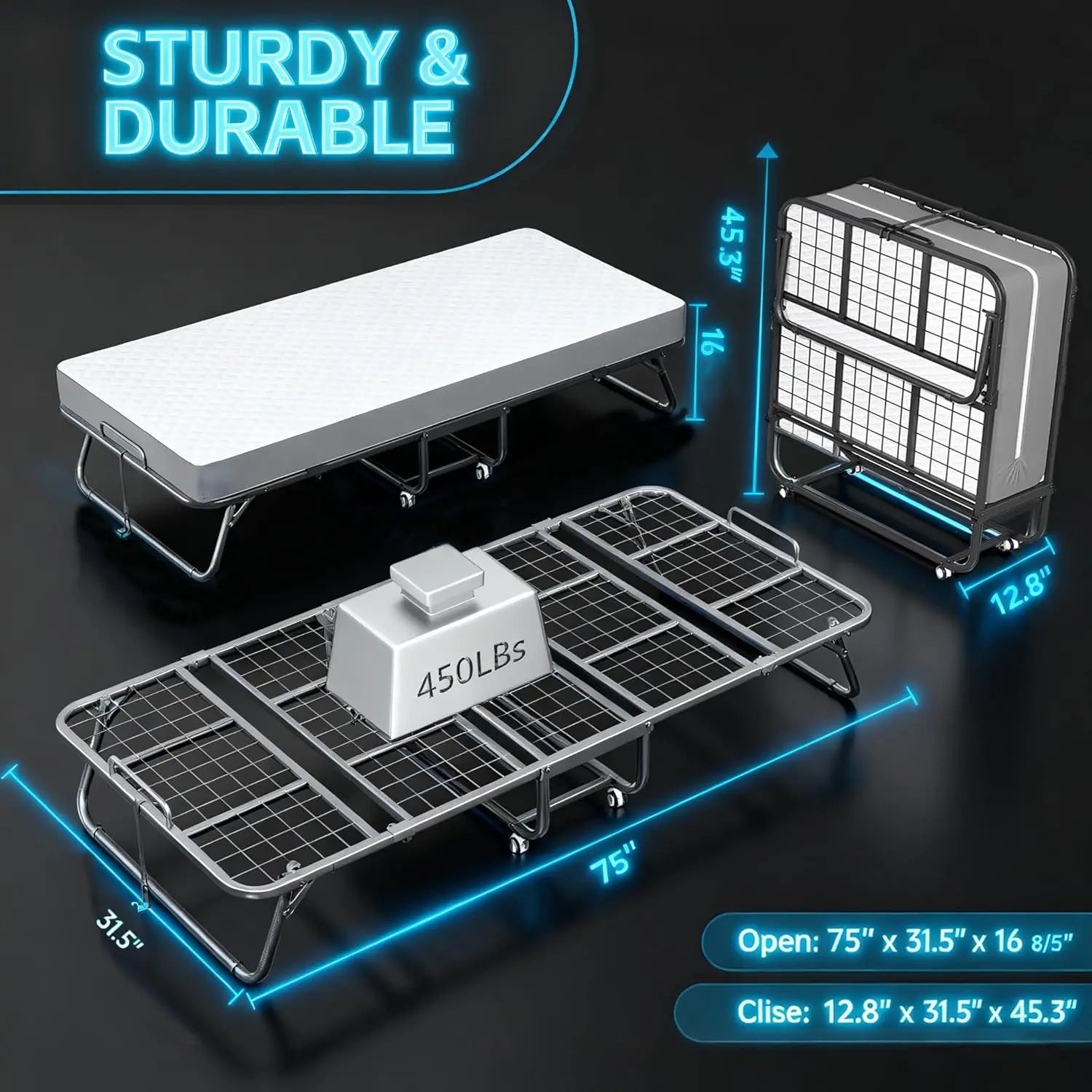 Twin Folding Bed with 5" Mattress, Roll Away Beds for Adults,
