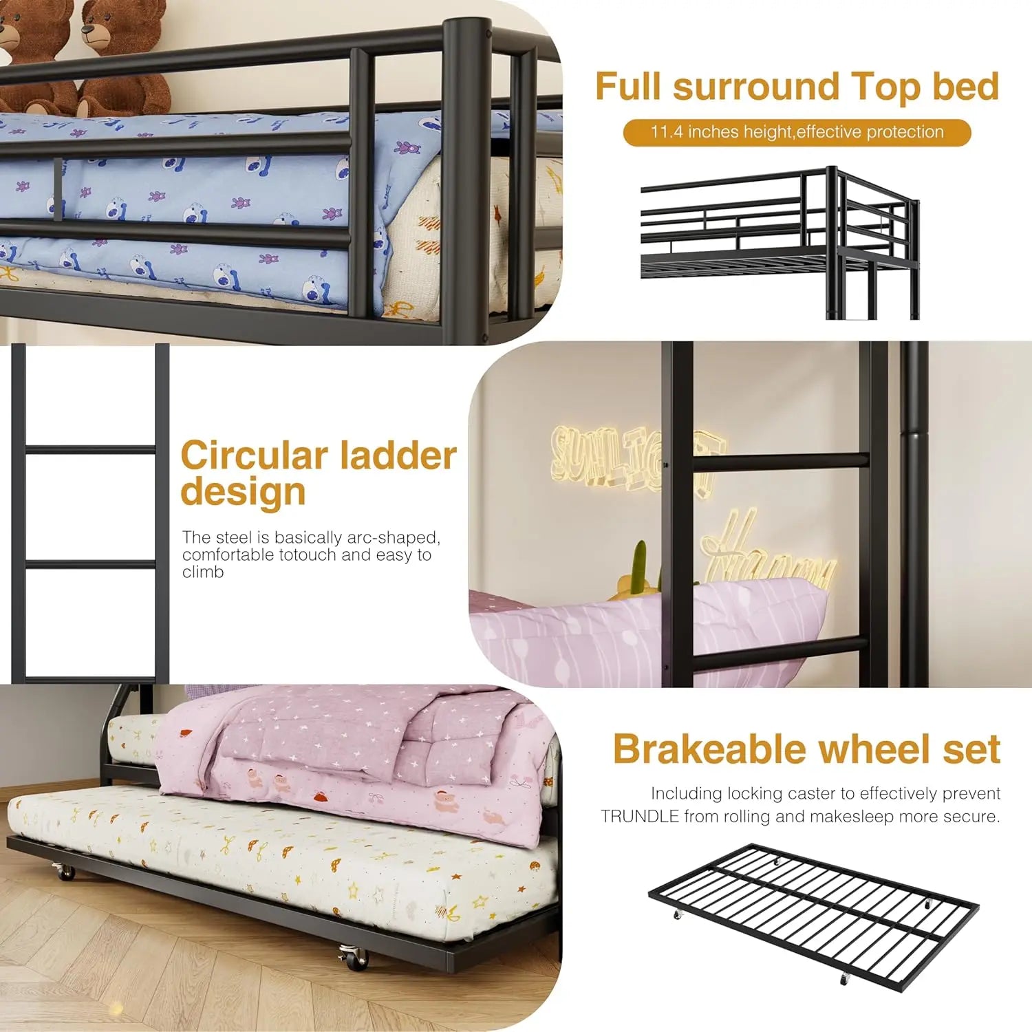 3 beds Metal Twin/Full Bunk Bed with Trundle Steel Frame Guardrails Ladder