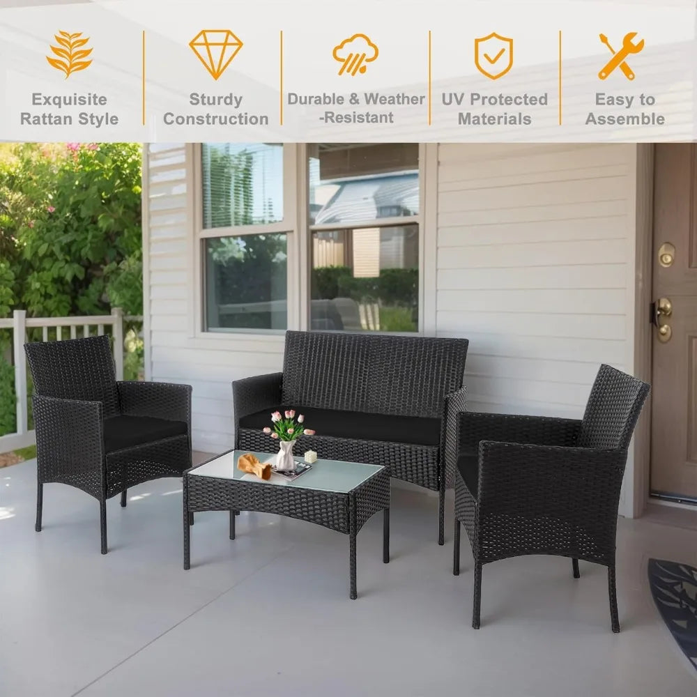 4 Piece Outdoor Wicker Patio Conversation Furniture Set