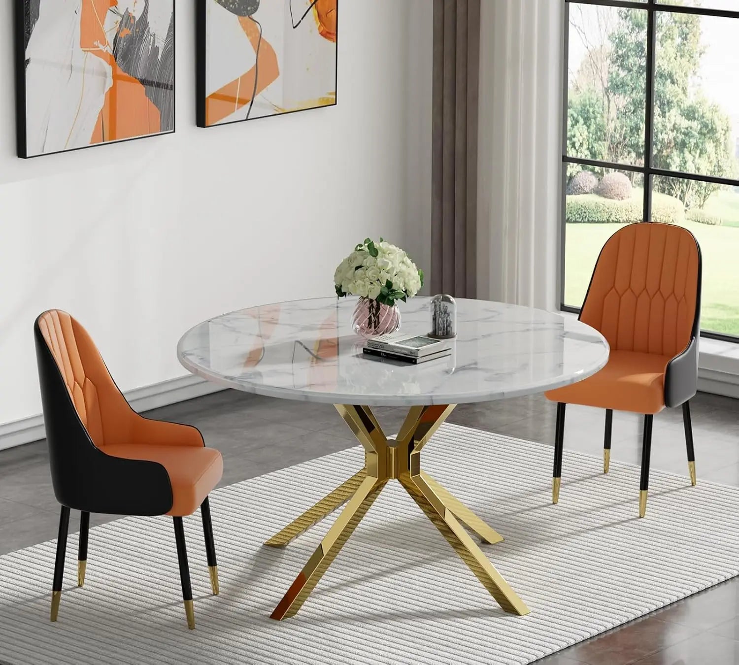 Modern White Marble Dining Table for 6-8 Rectangle 68" Faux Marble Kitchen