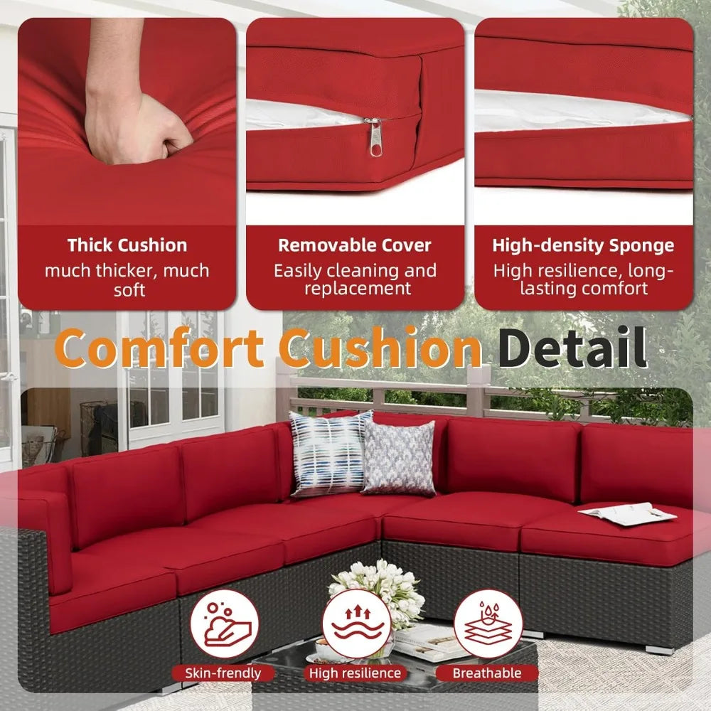 7-Piece Outdoor Patio Furniture Sofa Set Glass Top Table and Cushions(Red)