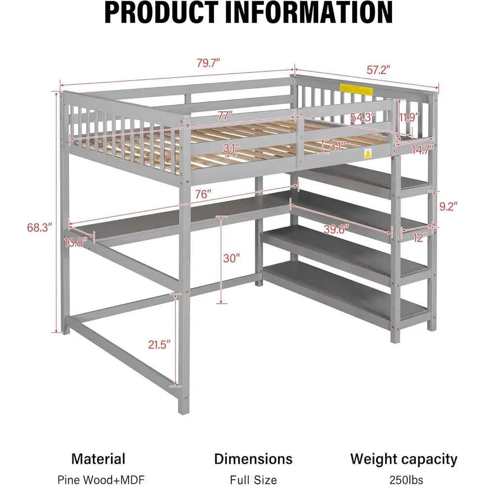Full-Size Loft Bed with Desk, 4 Storage Shelves, and Underbed Workstation