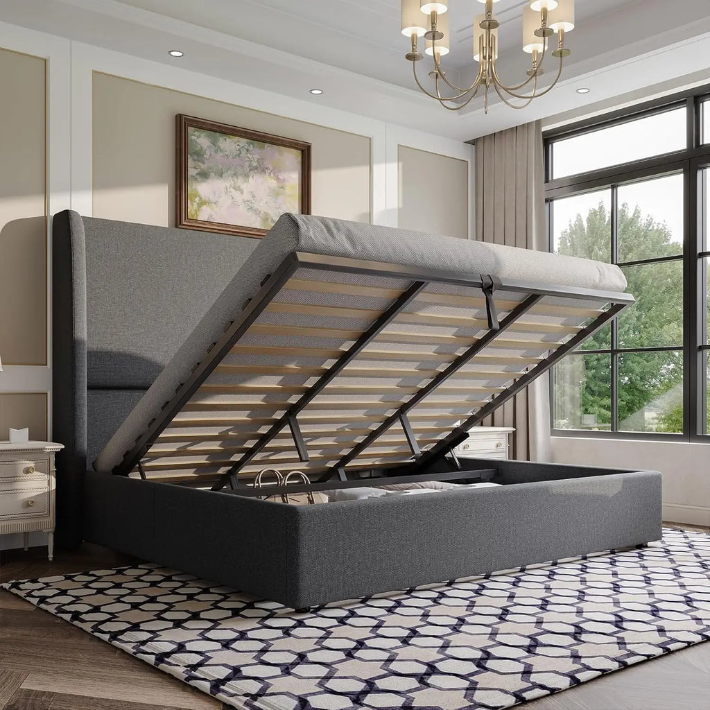 Lift Up Storage Bed King Size Linen Upholstered Platform Bed Frame