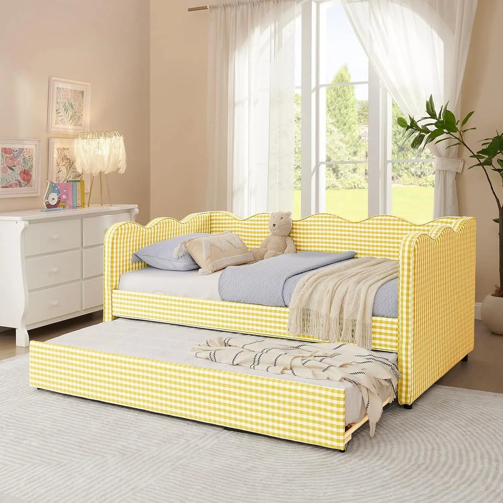 Twin Daybed Pop Up Trundle Linen Upholstered Convertible Sofa