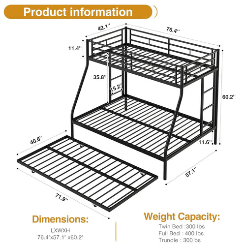 3 beds Metal Twin/Full Bunk Bed with Trundle Steel Frame Guardrails Ladder
