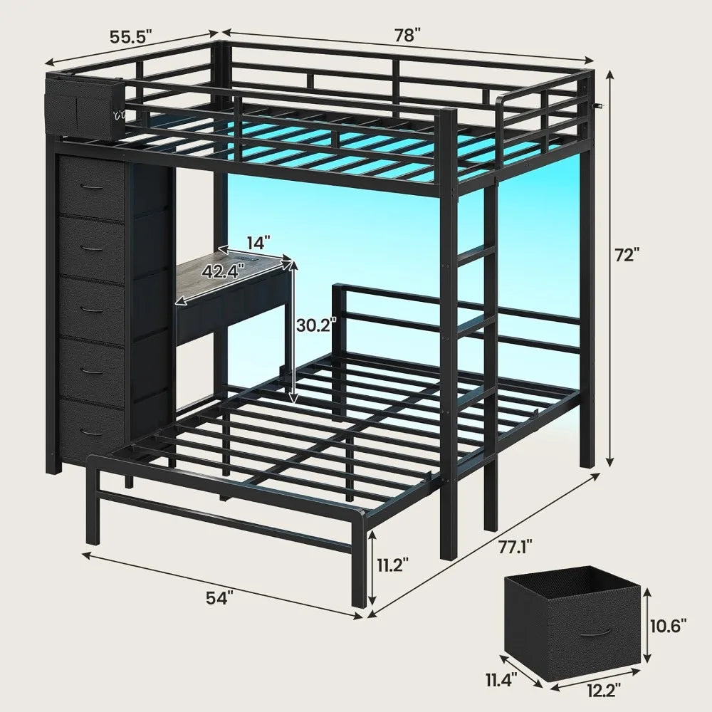Full Bunk Bed with Desk,  5 Storage Drawers & Charging Station, LED Lights