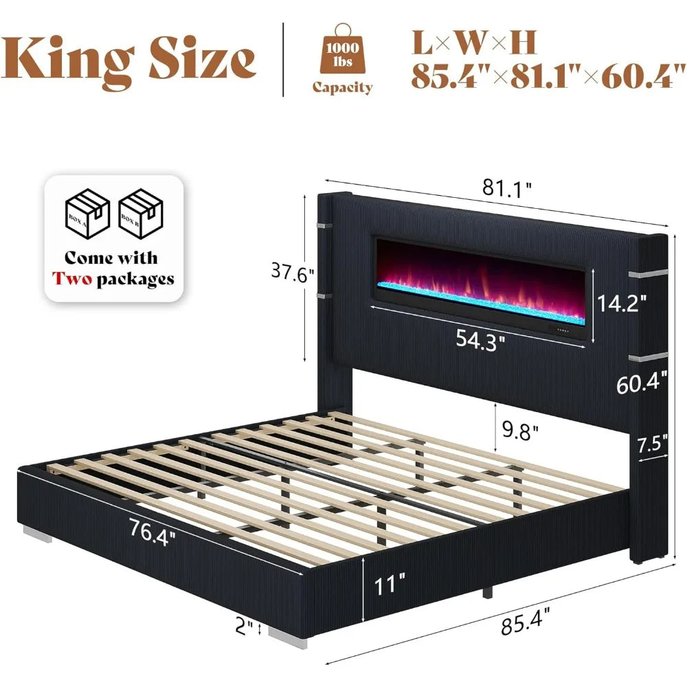 Modern King Size Bed Frame with Fireplace headboard